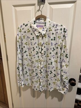 Anthropologie White Blouse with Green and Lavender Floral Embroidery